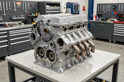 Moteur V8 exposé sur un établi de garage professionnel, montrant clairement la configuration en V à huit cylindres