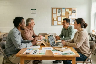 Groupe de bénévoles organisateur d'une collecte de fonds autour d'une table avec des documents et un ordinateur portable
