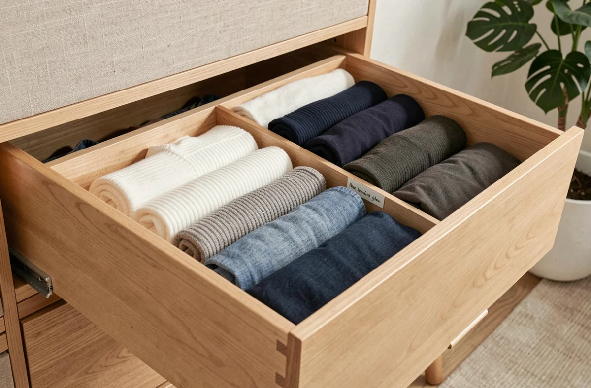 Tiroir de garde-robe parfaitement organisé selon la méthode KonMari avec vêtements pliés verticalement et classés par couleur dans un appartement scandinave