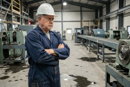 Ouvrier d'usine préoccupé devant des machines à l'arrêt, illustrant les difficultés de l'industrie manufacturière