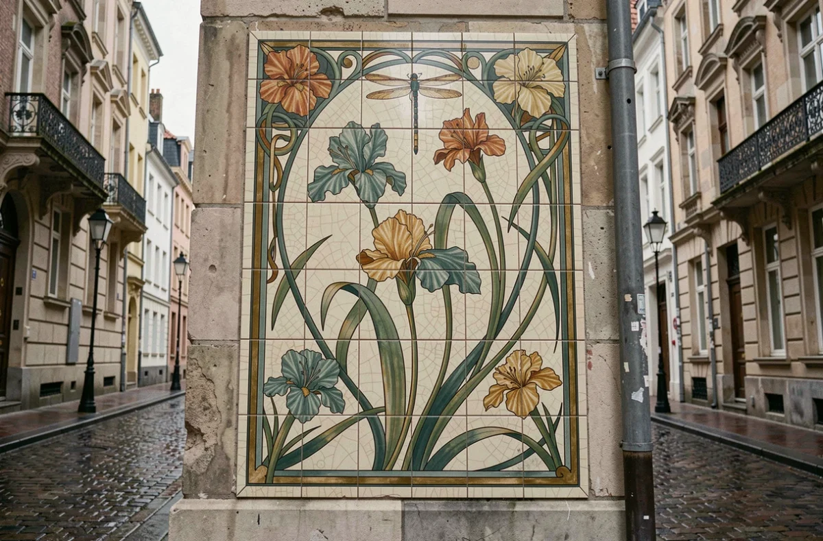 Panneau de carreaux céramiques Art Nouveau peints à la main sur la façade d'une maison de ville belge du XIXe siècle