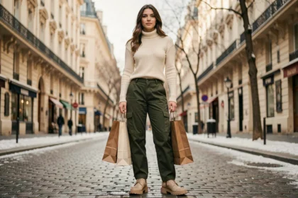 Jeune femme portant un pantalon cargo olive dans une rue parisienne en hiver, tenue streetwear tendance 2026