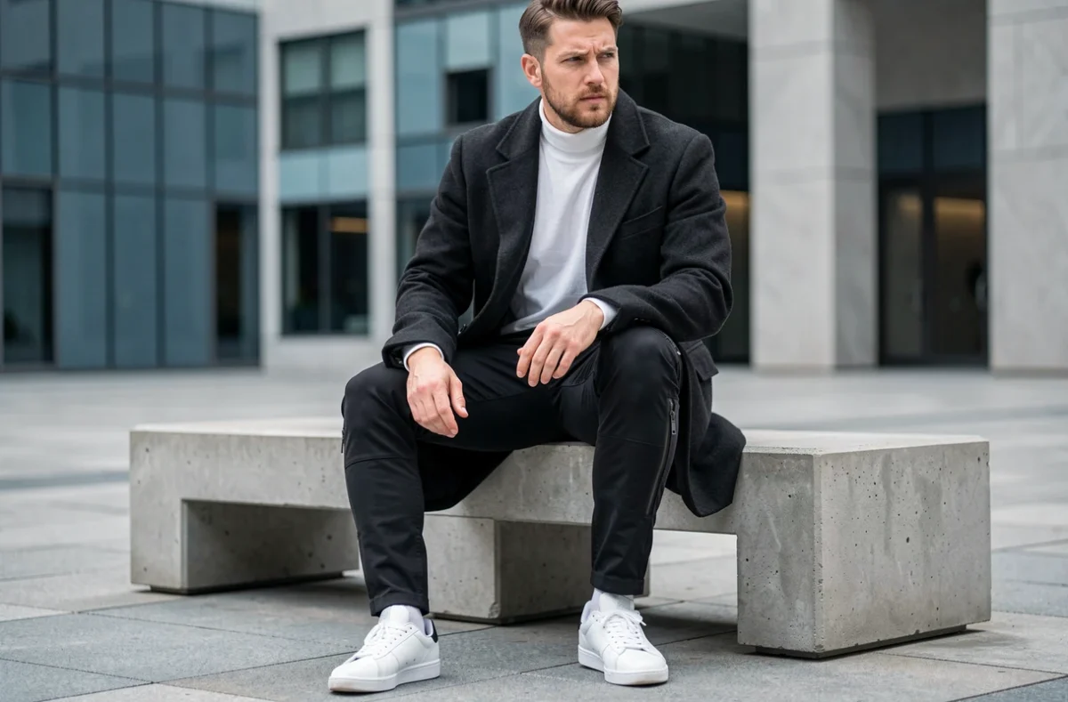 Homme en pantalon cargo noir slim avec manteau oversize dans un espace urbain moderne, style mode hiver 2026