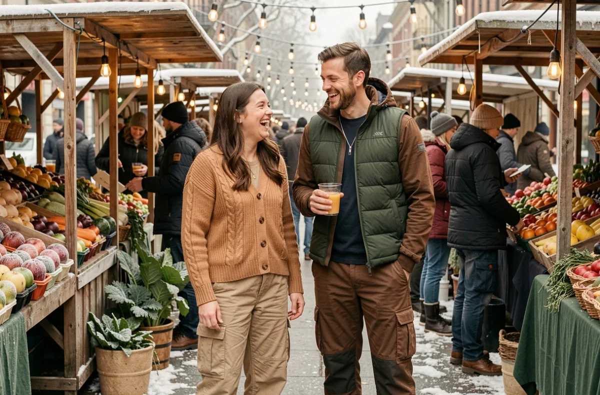 Deux amis portant des pantalons cargo tendance hiver dans un marché en plein air, look mode automne-hiver 2026