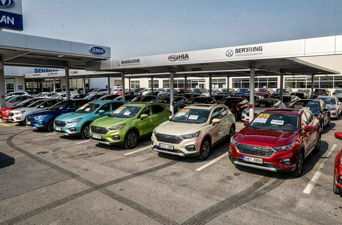 Parking d'une concession automobile rempli de crossovers compacts bestsellers alignés en rangées ordonnées