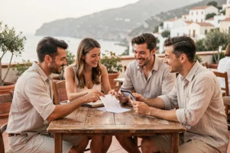 Groupe d'amis qui partagent l'addition au restaurant en vacances