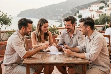 Groupe d'amis qui partagent l'addition au restaurant en vacances