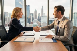 Deux professionnels signant un accord de partenariat co-brandé dans une salle de réunion moderne avec documents aux logos partagés