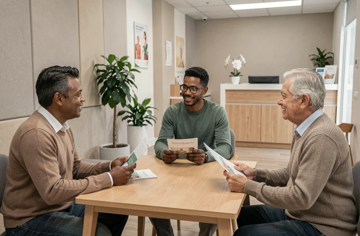 Groupe de patients discutant dans la salle d'attente d'une clinique de bien-être moderne