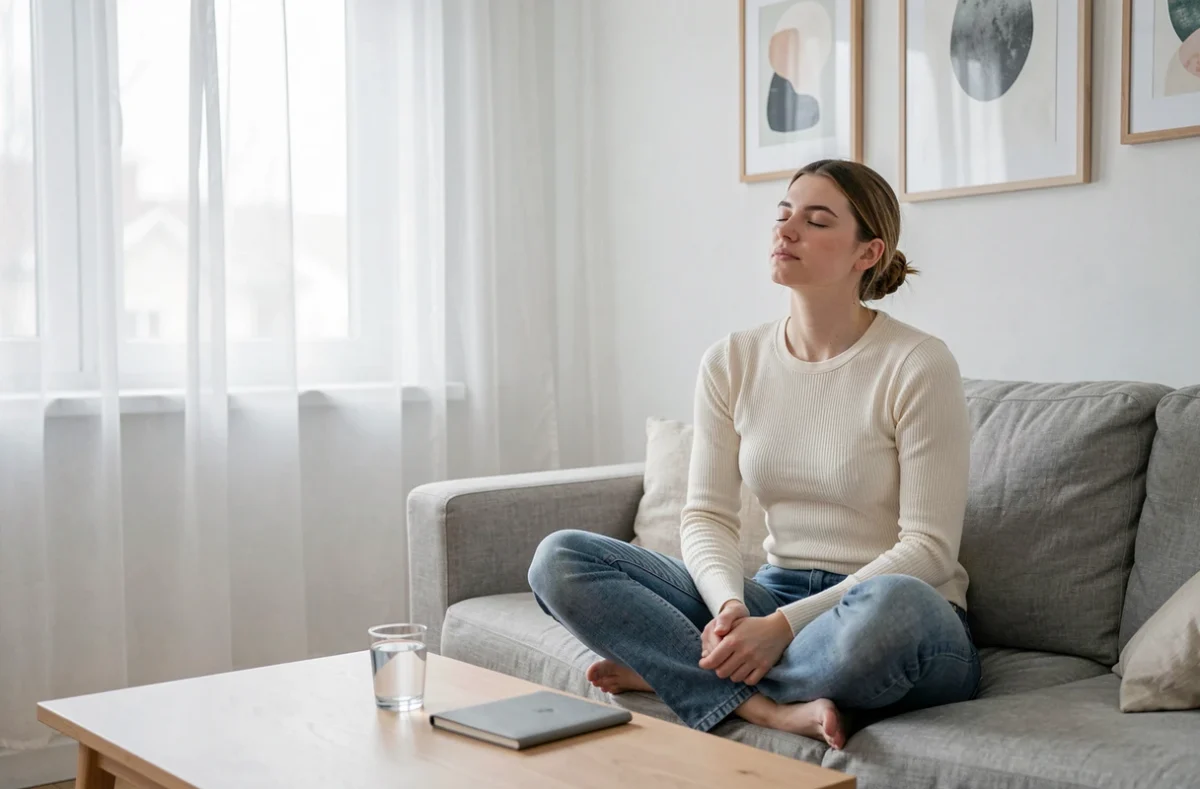 Jeune personne faisant une pause intentionnelle sur un canapé pour récupérer de la fatigue avant de reprendre le travail