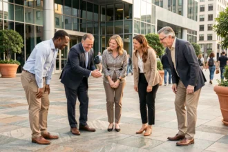 Groupe de personnes de cultures différentes se saluant respectueusement devant un bâtiment moderne international