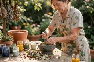 Femme préparant des pigments naturels à partir de plantes avec un mortier en pierre dans un atelier de jardin