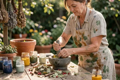 Femme préparant des pigments naturels à partir de plantes avec un mortier en pierre dans un atelier de jardin