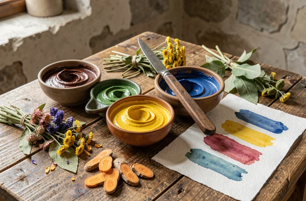 Bols de peintures naturelles extraites de plantes disposés sur une table en bois avec des ingrédients botaniques