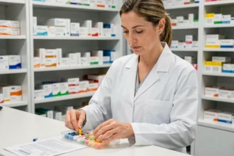 Pharmacienne préparant un pilulier hebdomadaire sur le comptoir d'une officine moderne