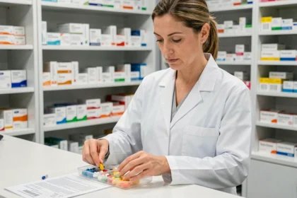 Pharmacienne préparant un pilulier hebdomadaire sur le comptoir d'une officine moderne