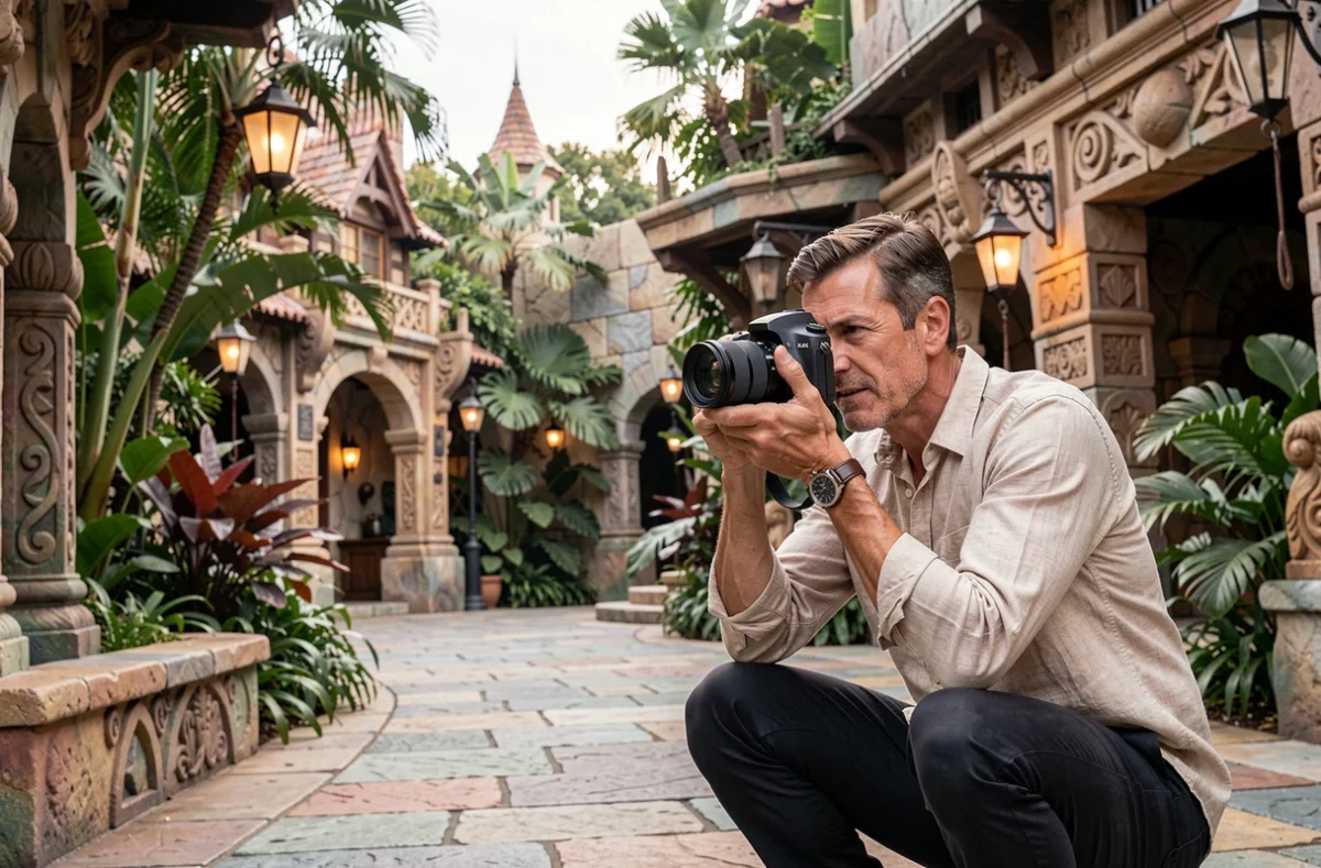 Photographe professionnel capturant l'architecture d'une attraction Disney exotique
