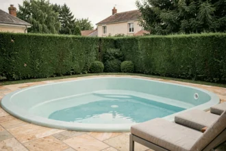 Piscine coque en fibre de verre installée dans un jardin pavillonnaire français, entourée de dallage en pierre et de haies taillées