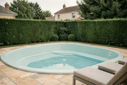 Piscine coque en fibre de verre installée dans un jardin pavillonnaire français, entourée de dallage en pierre et de haies taillées