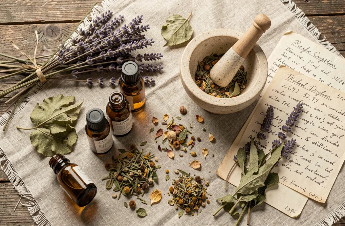 Plantes médicinales séchées, huiles essentielles et mortier utilisés en médecine naturopathique