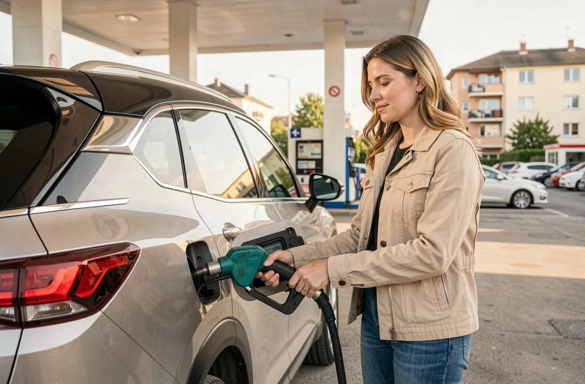 Femme faisant le plein d'essence d'une voiture hybride en l'absence de recharge électrique
