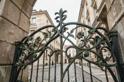 Portail en fer forgé Art Nouveau avec motifs floraux sinueux à l'entrée d'un immeuble européen historique