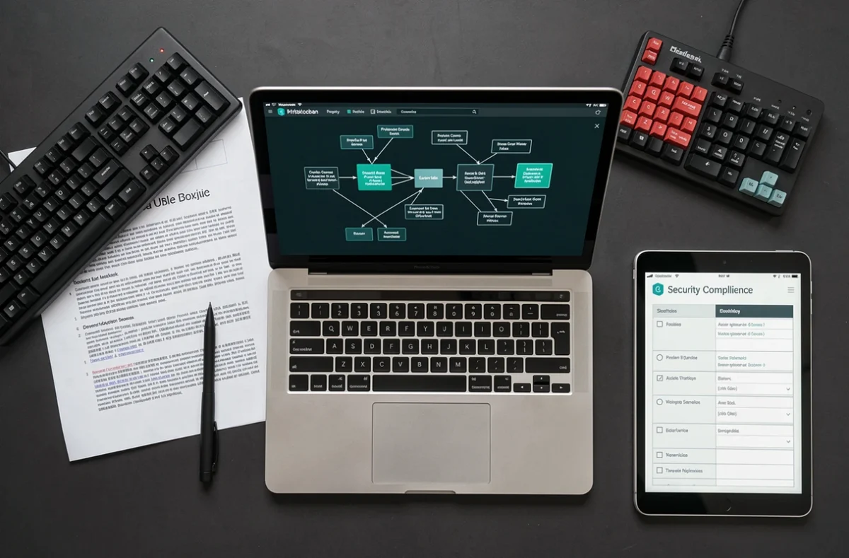 Vue aérienne d'un poste de travail avec ordinateur et documents illustrant la gestion d'une blockchain privée en entreprise