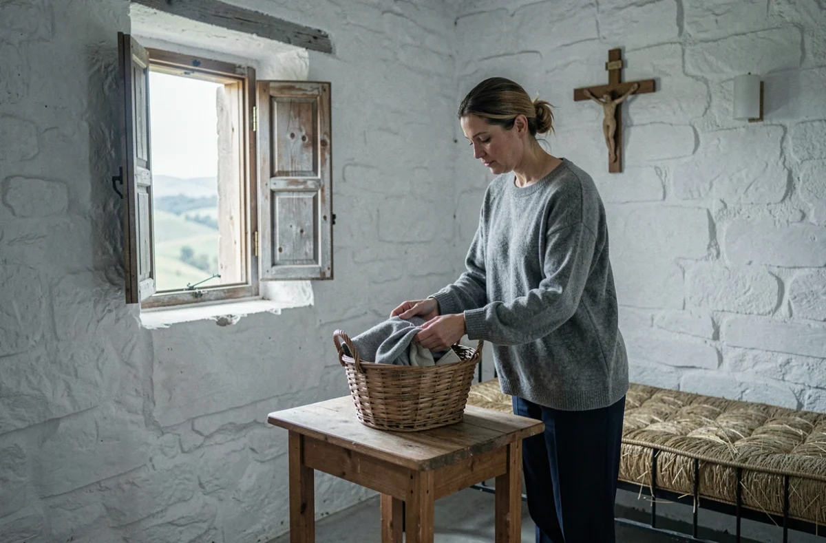 Femme préparant ses affaires dans une cellule monastique épurée, symbolisant le début d'une retraite au monastère