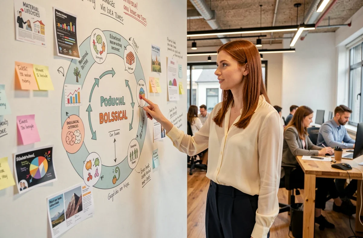 Professionnelle présentant un schéma des flux circulaires dans un espace de travail moderne, illustrant les trois principes fondamentaux de l'économie circulaire