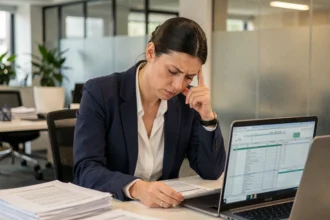 Femme cadre épuisée au bureau, victime de pression psychologique au travail, entourée de documents empilés