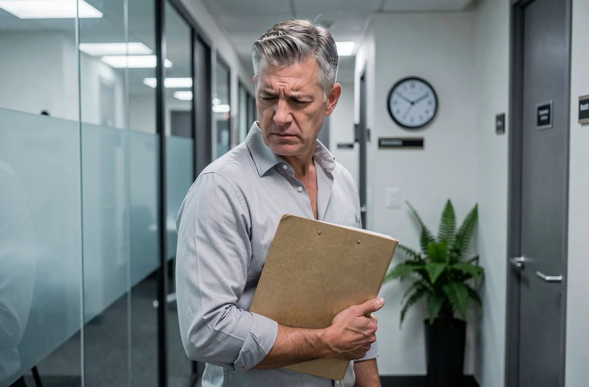 Homme stressé dans un couloir de bureau tenant des documents, illustrant la pression psychologique professionnelle