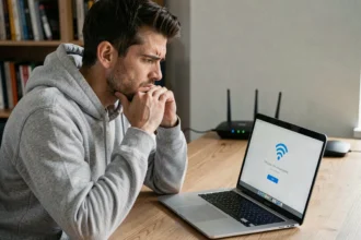 Homme frustré devant son ordinateur portable après une déconnexion wifi lors d'une connexion VPN à domicile