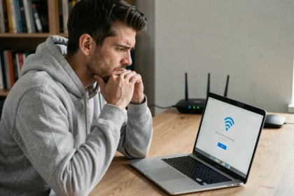 Homme frustré devant son ordinateur portable après une déconnexion wifi lors d'une connexion VPN à domicile