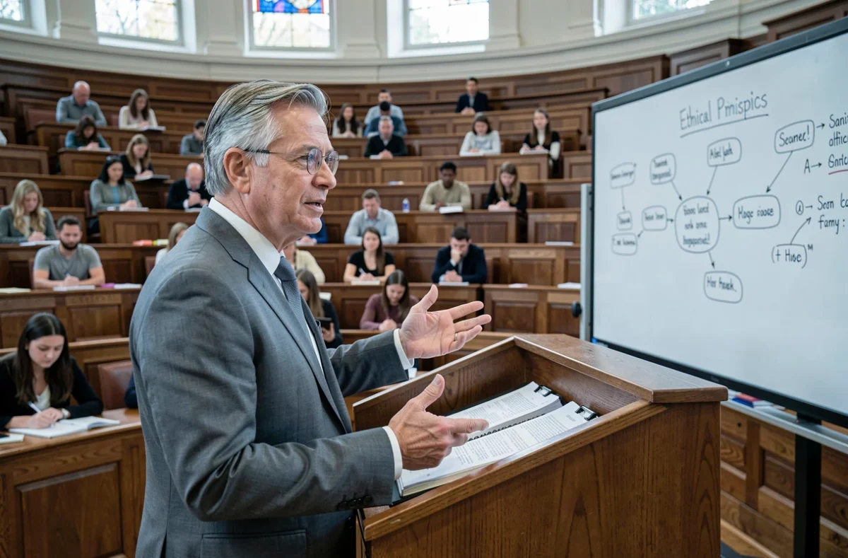 Professeur universitaire présentant des principes éthiques lors d'une conférence académique