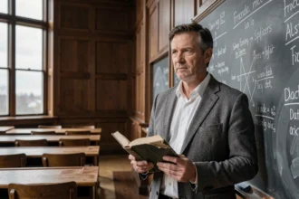 Professeur de philosophie tenant un livre devant un tableau couvert de concepts philosophiques dans une salle de cours universitaire
