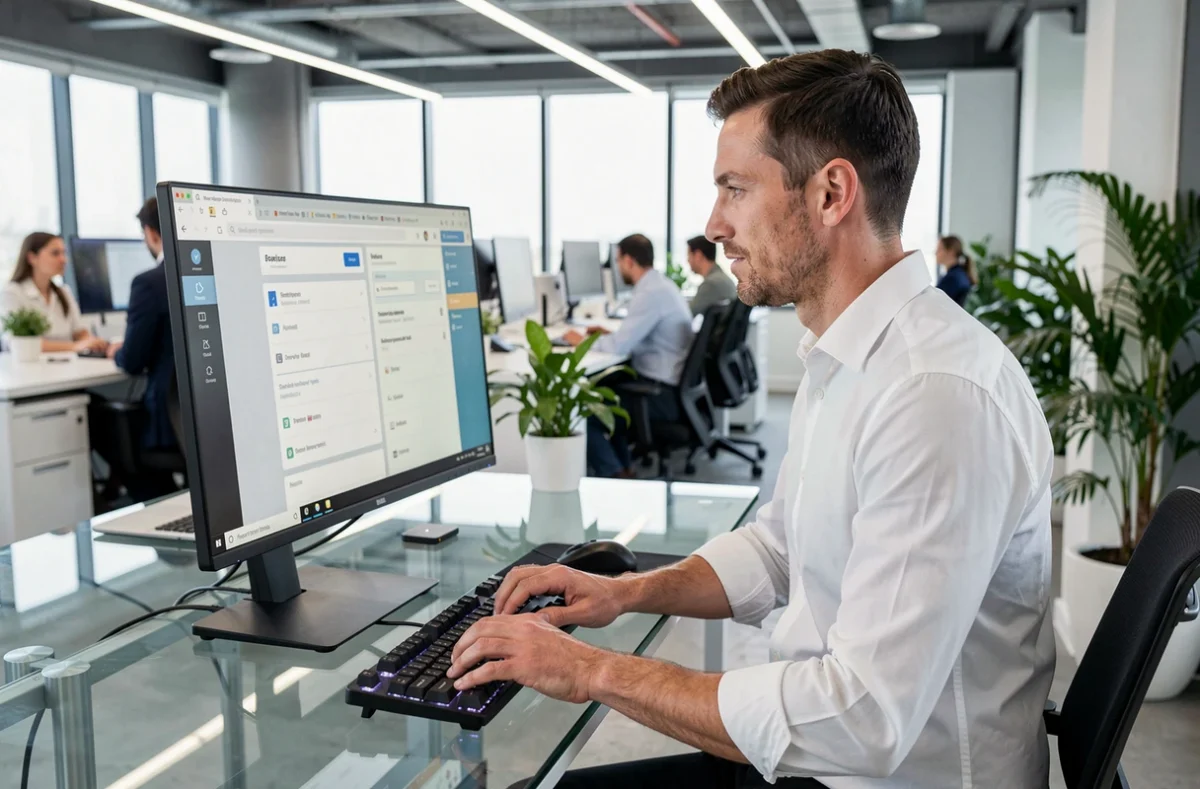 Professionnel utilisant un logiciel de traduction en ligne dans un bureau moderne