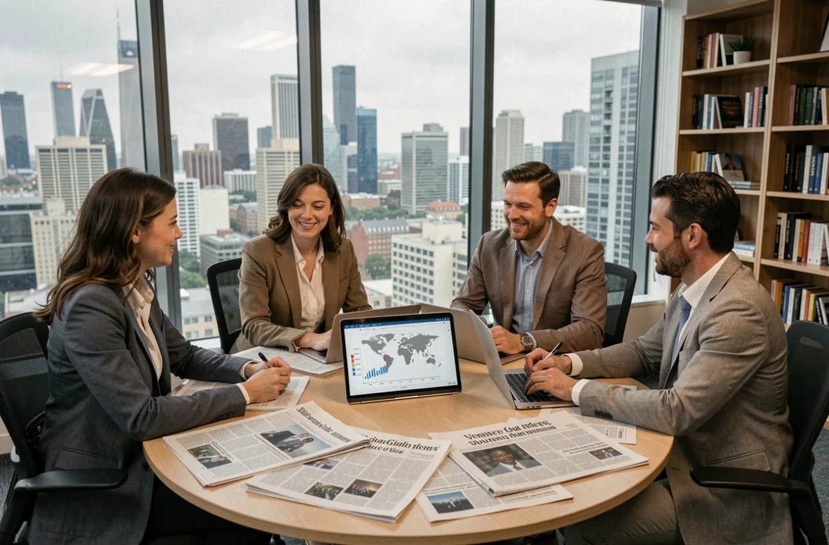 Groupe de professionnels analysant des rapports géopolitiques internationaux autour d'une table dans un bureau moderne