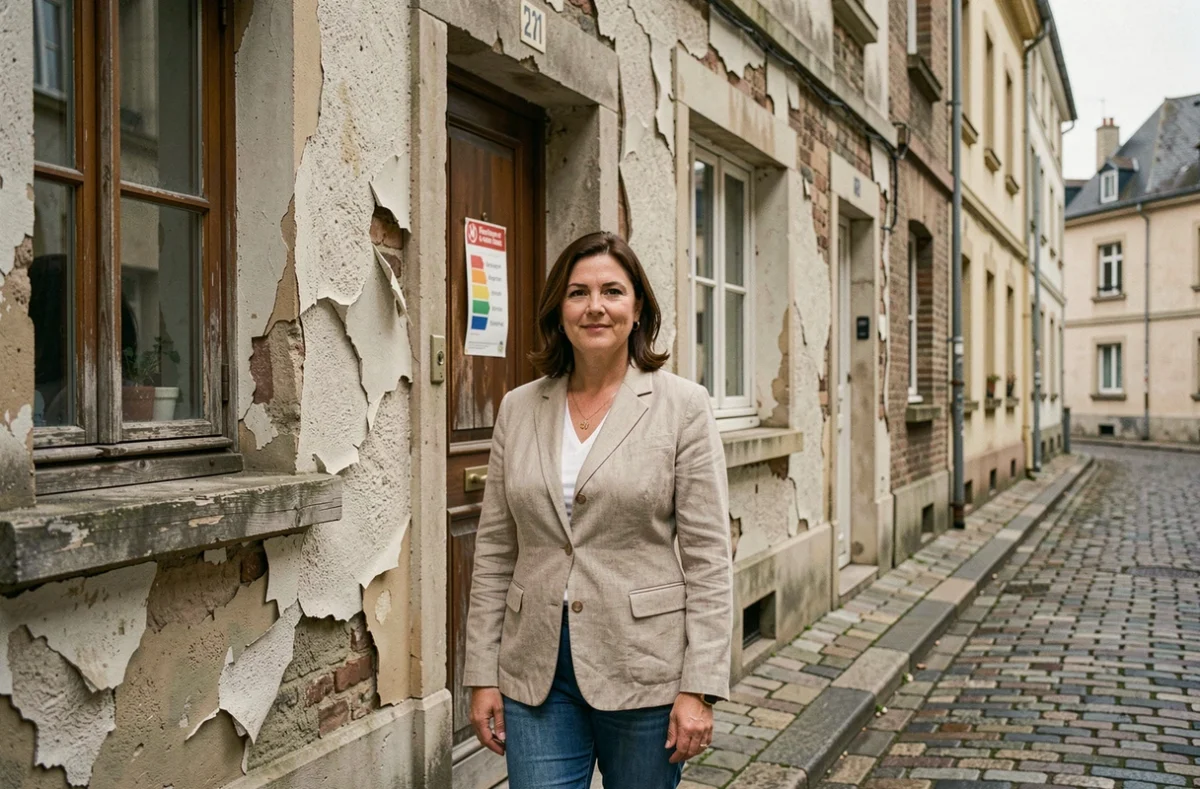 Propriétaire devant un immeuble ancien avec étiquette de performance énergétique affichant une mauvaise classe, logement bientôt interdit à la location