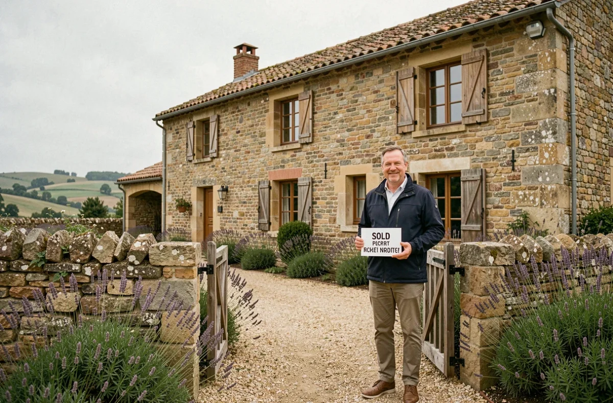 Propriétaire devant sa résidence secondaire en pierre dans la campagne française