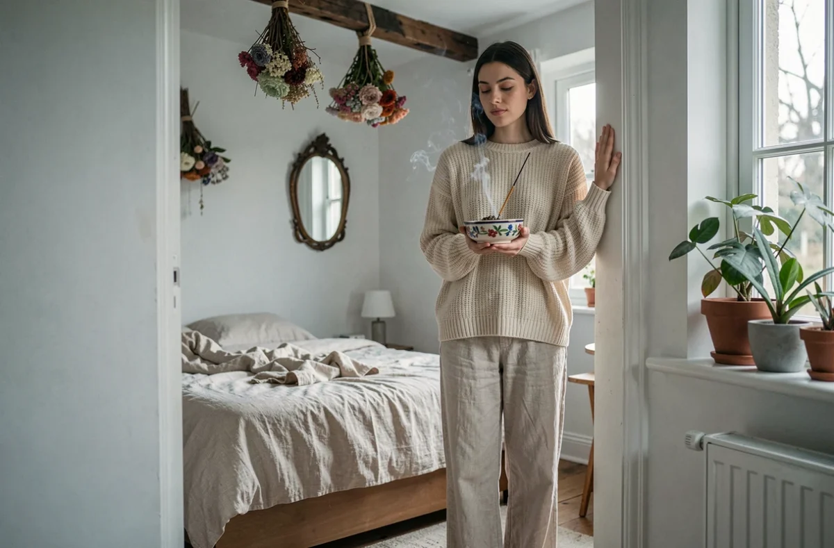 Jeune femme effectuant une purification énergétique dans l'embrasure d'une porte de chambre