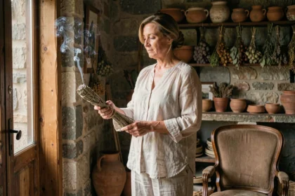 Femme brûlant de la sauge blanche séchée pour purifier une maison de mauvaises énergies