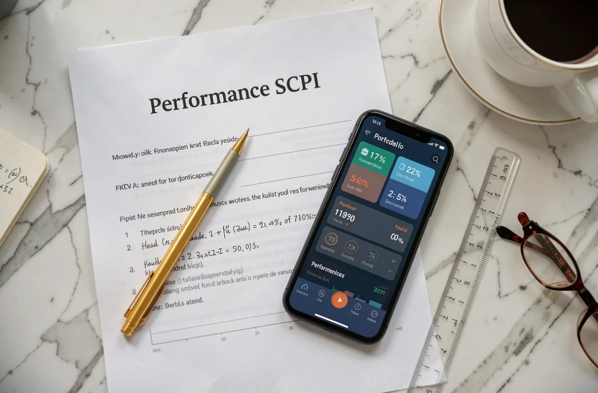 Vue aérienne d'un rapport de performance SCPI avec calculs de rendement net sur un bureau en marbre blanc