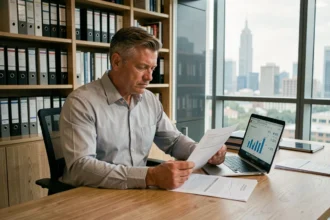 Homme d'affaires analysant le rendement net d'une SCPI sur des documents financiers dans un bureau professionnel moderne