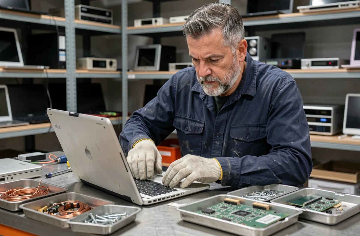 Technicien réparant et reconditionnant un ordinateur portable dans un atelier de réemploi, illustrant le principe de durée de vie des produits en économie circulaire