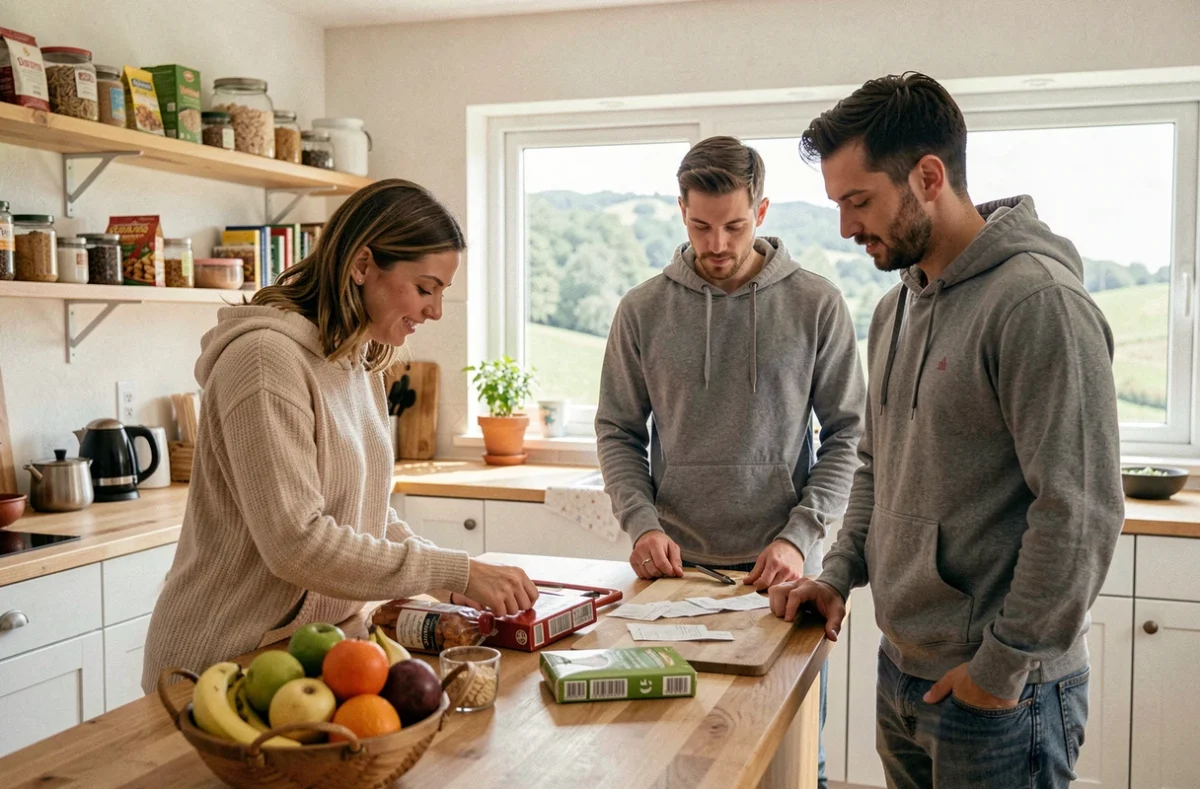 Amis répartissant les frais de courses dans une maison de vacances