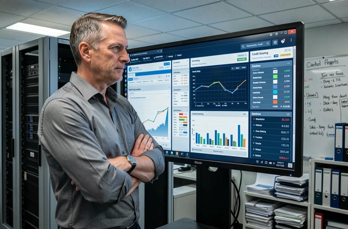 Responsable financier examinant des tableaux de bord de scoring de crédit sur un grand écran dans une salle de gestion des risques, représentant les outils de contrôle et d'évaluation du crédit