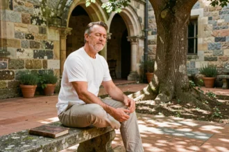 Homme méditatif assis dans le cloître d'un monastère, illustrant une retraite spirituelle en milieu monastique