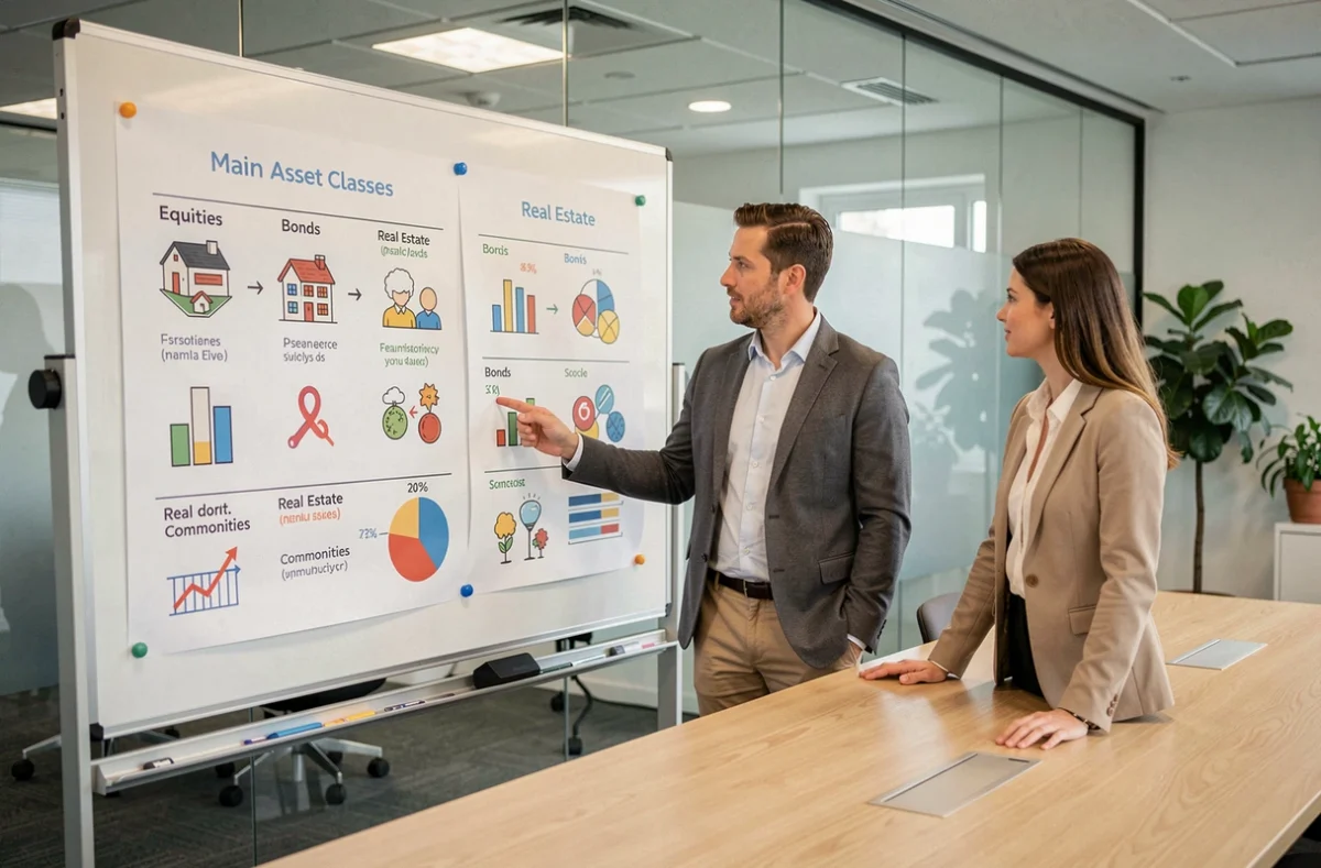 Deux professionnels discutant d'un tableau explicatif sur les différentes classes d'actifs en salle de réunion