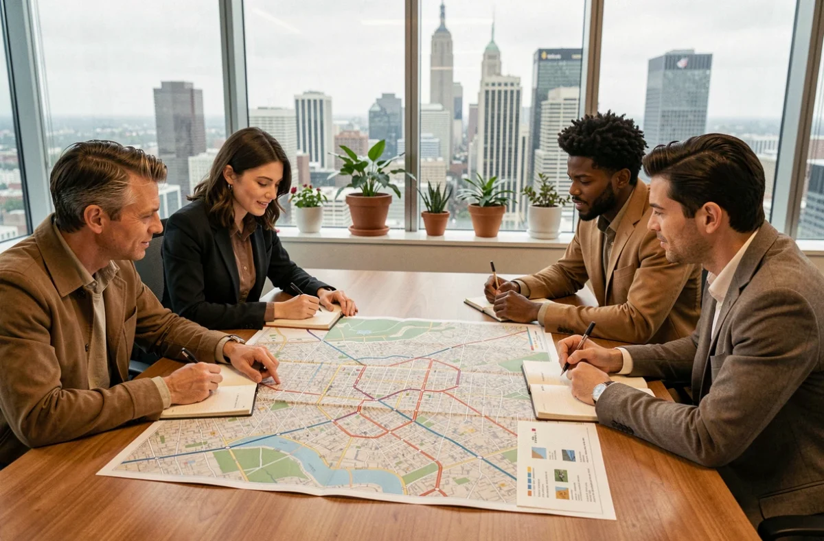 Groupe de professionnels analysant une carte de mobilité urbaine lors d'une réunion de concertation autour d'une table de conférence