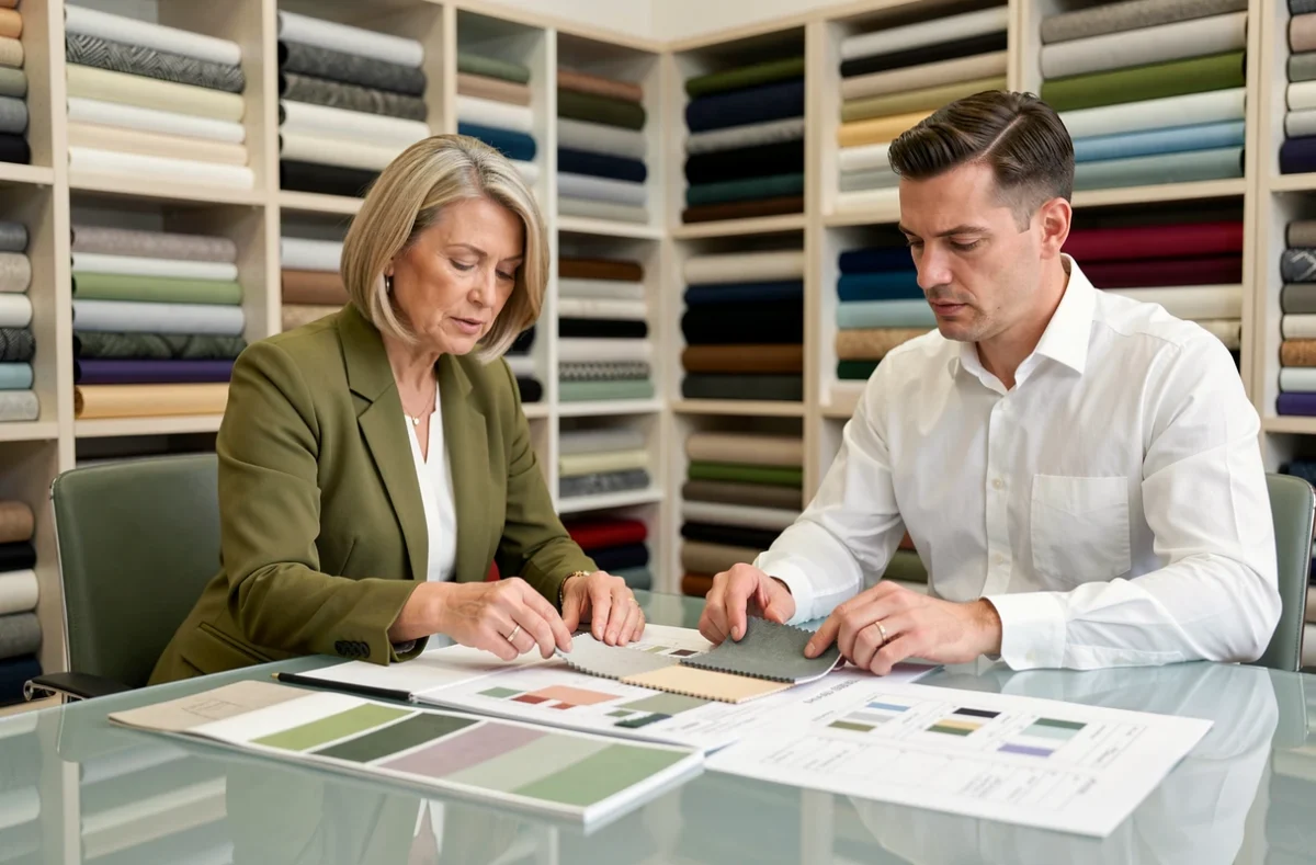 Professionnels du secteur textile analysant des échantillons de tissu dans un showroom commercial